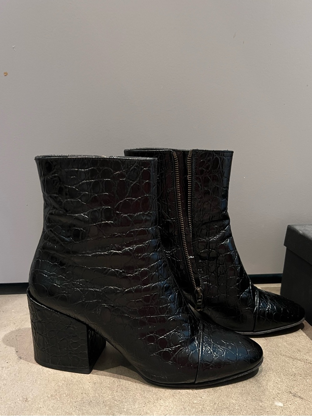 Dries Van Noten Black Croc-Embossed Leather Block Heel Boots
